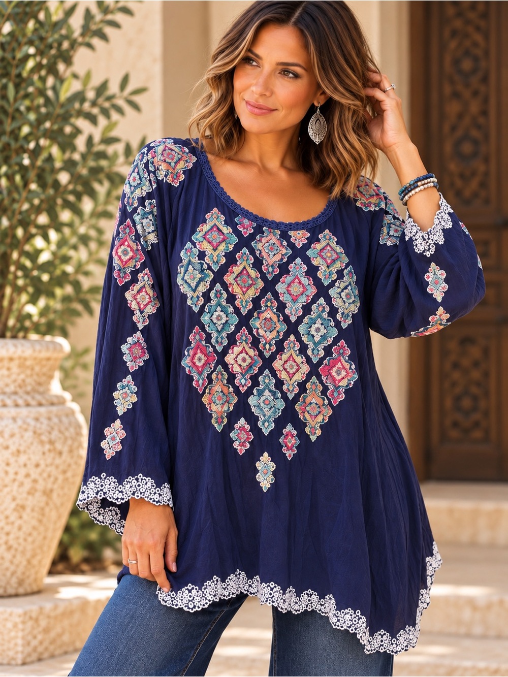 Johnny Was 2X Navy Embroidered Tunic Top Boho Long Sleeve Blouse #744